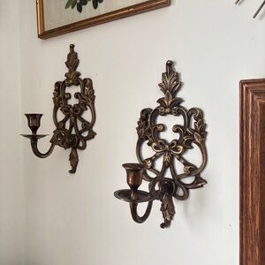 Vintage Pair of Ornate Brass Scroll Leaf Bow Design Candle Holder Wall Sconces
